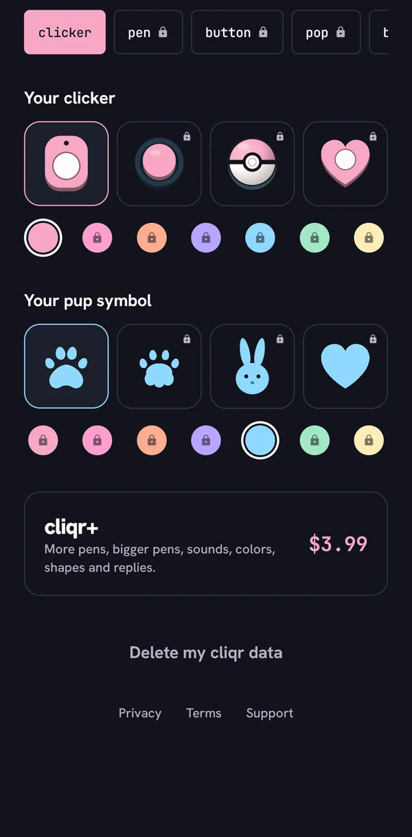 settings with clicker styles and pup symbols: paw, cat paw, bunny and heart